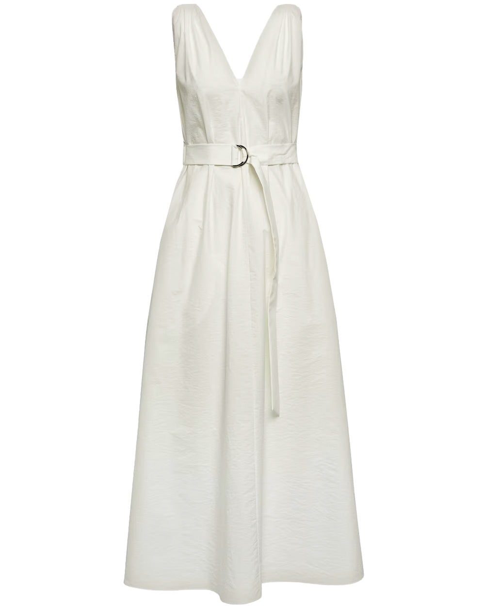 White Biege Crinkle Cotton Belted Dress