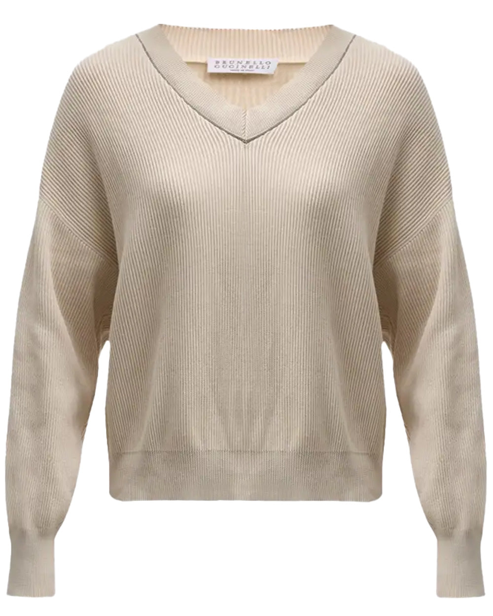 White Beige English Rib Knit V Neck Sweater