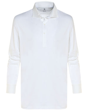 White Cotton Blend Jersey Long Sleeve Polo