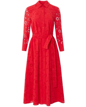 Lacquer Red Collared Tie Waist Midi Shirt Dress