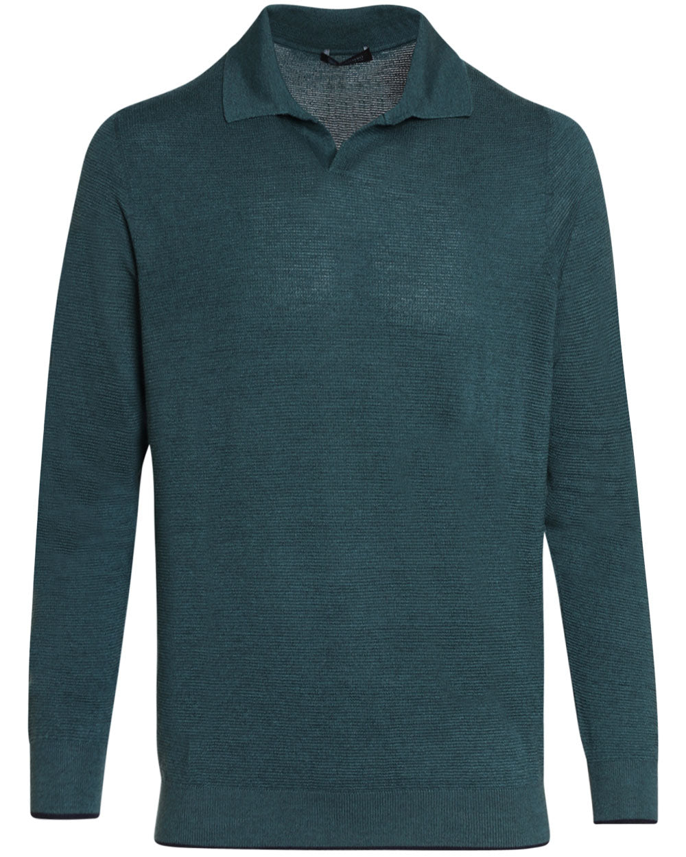 Green and Navy Cashmere Blend Textured Long Sleeve Polo