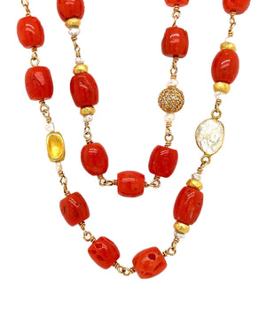 Akoya Keshi Pearl and Vintage Coral Beaded Necklace