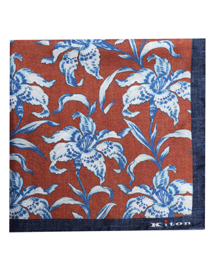 Copper and Blue Floral Silk Pocket Square