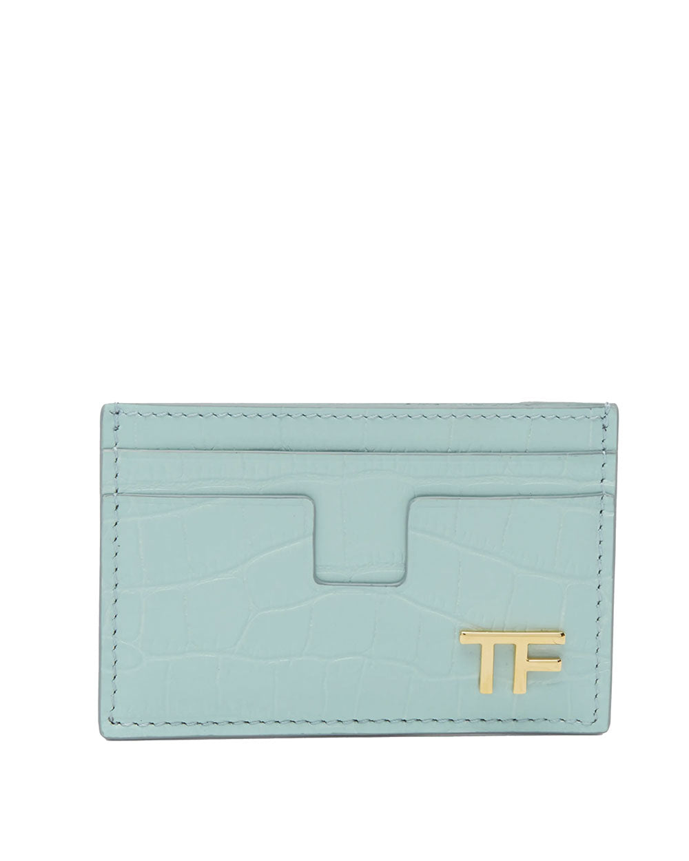 Croc-Embossed Leather Card Holder in Pastel Turquoise