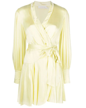 Lemon Silk Wrap Mini Dress