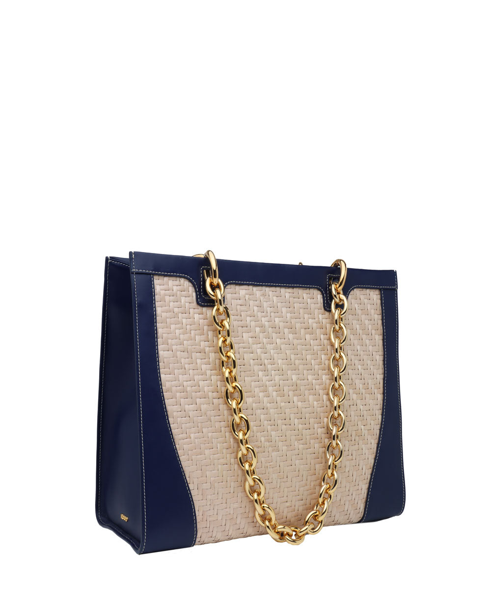 Raffia Large Leather Tote in Navy
