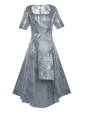 Light Blue Painted Metallic Italian Jacquard Square Neck Hi Low Gown