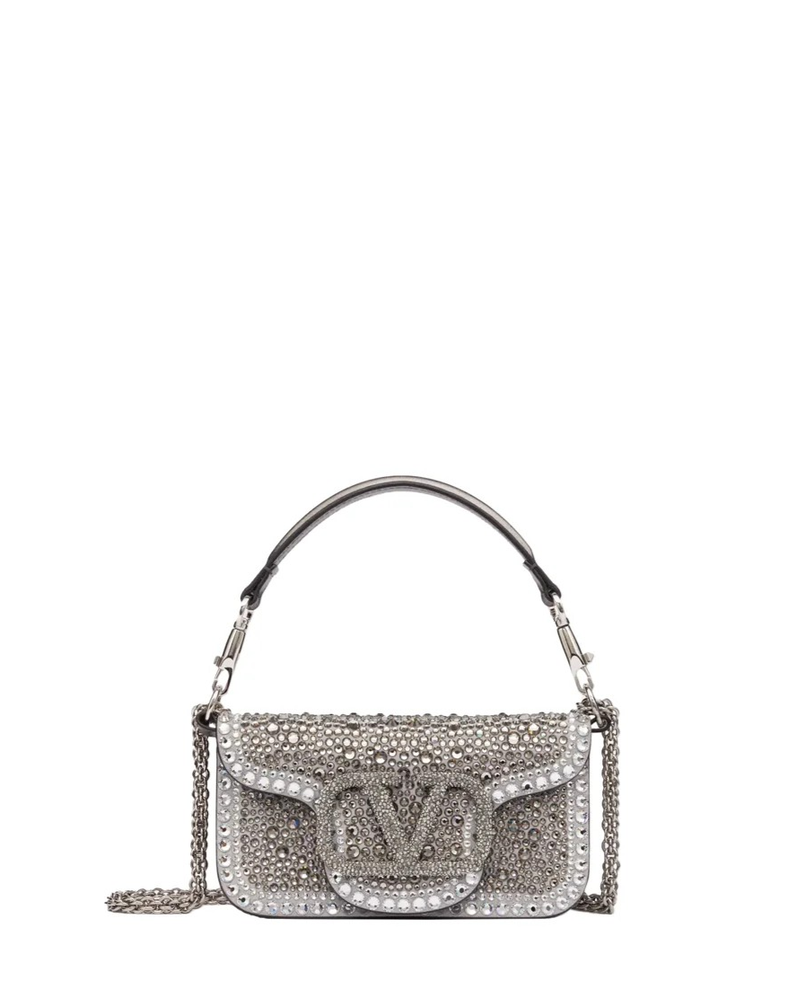 Small Loco Embroidered Shoulder Bag in Silver Rhinestone