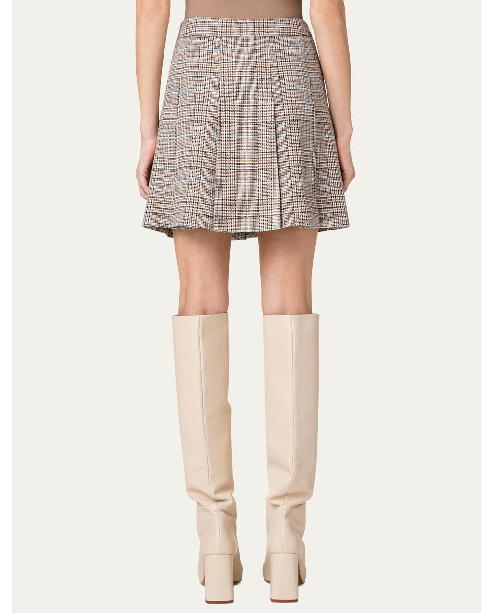 Beige Plaid Stretch Pleat Mini Skirt
