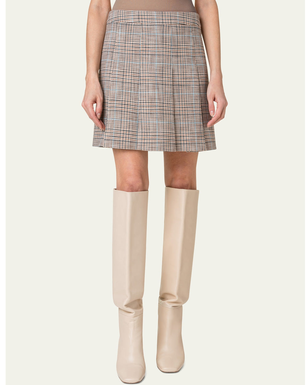 Beige Plaid Stretch Pleat Mini Skirt