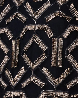 Black and Gold Fringe Embellished Tulle Midi Dress