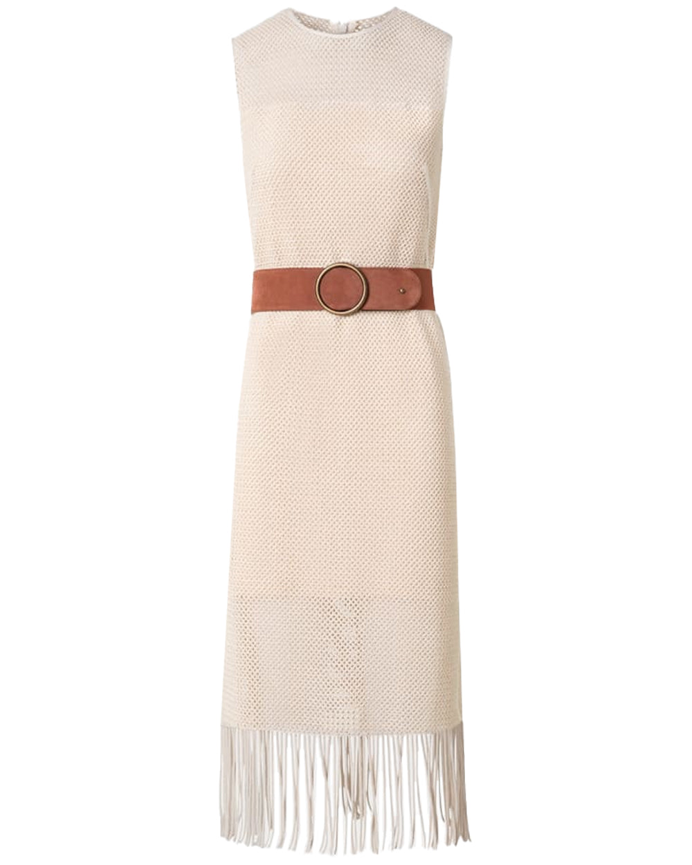 Cashew Mesh Fringe Belted Midi Dress