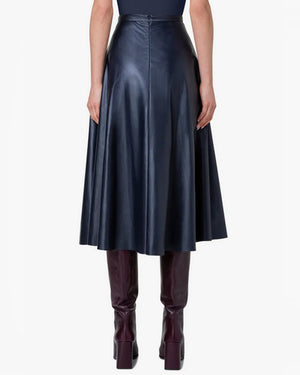 Navy Vegan Leather Midi Skirt