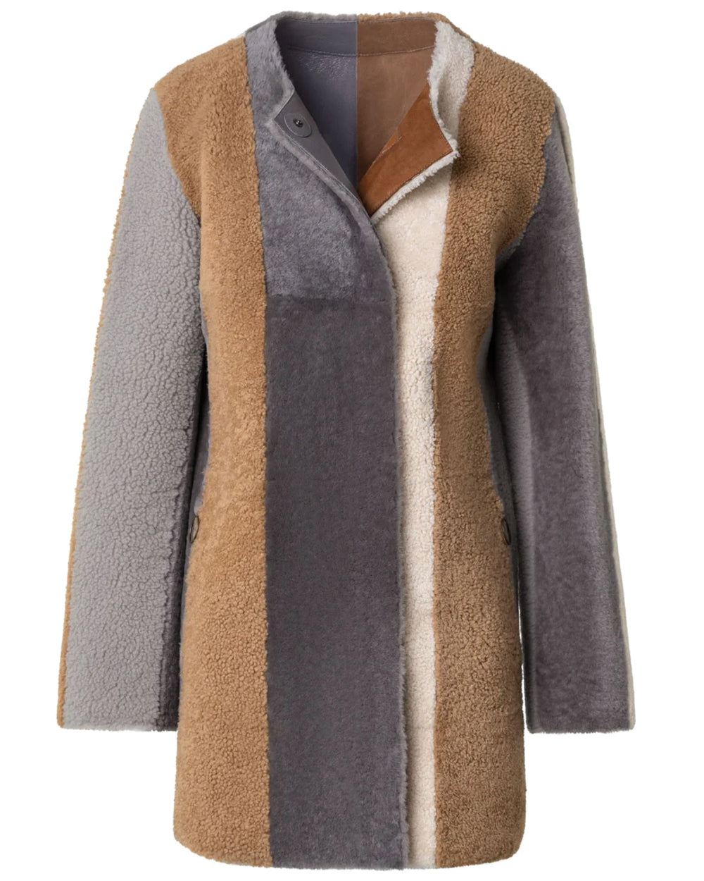 Silver and Camel Shearling Colorblock Fur Coat