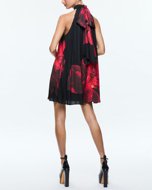 Peony Petals and Bright Ruby Halter Neck Corine Mini Dress