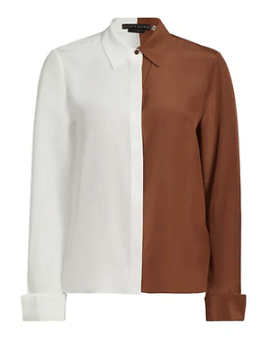 Willa Color Block Placket Top in Vanilla and Camel