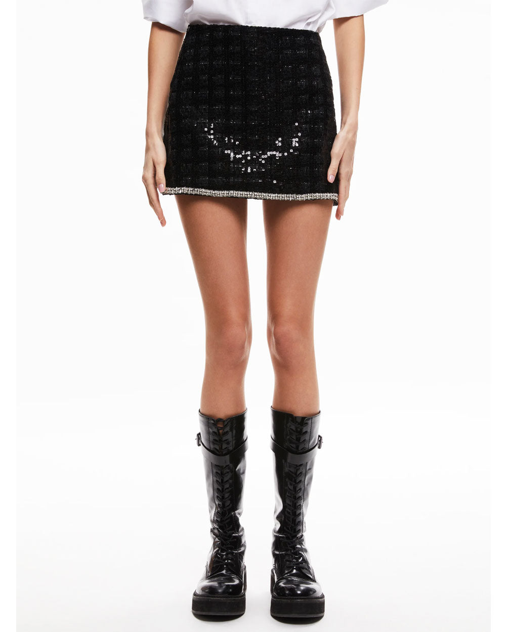 Black Sequin Rubi Tweed Low Rise Micro Skirt