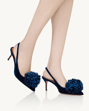 Couturier Velvet Pom 65mm Sling Heel in Paris Blue