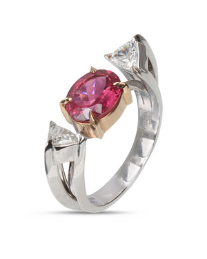 Rubellite and Diamond Gravity Ring