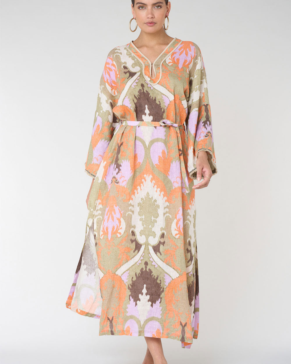 Orange & Lilac Printed Linen Long Caftan