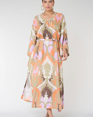 Orange & Lilac Printed Linen Long Caftan