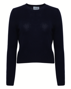 Blue Solid Cropped Crew Neck