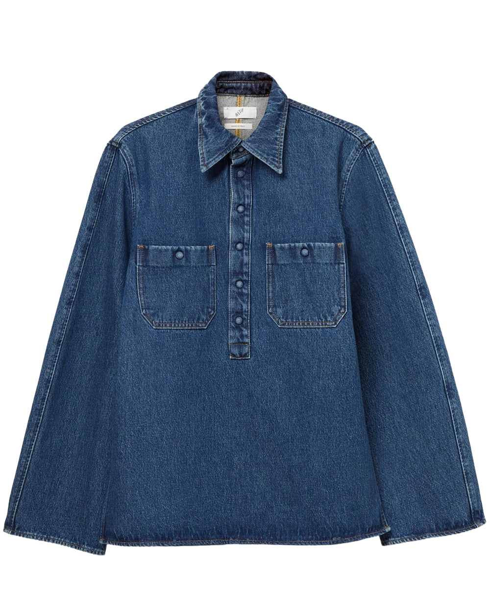 Curved Denim Shirt in Blue Wash