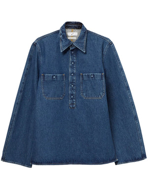 Curved Denim Shirt in Blue Wash