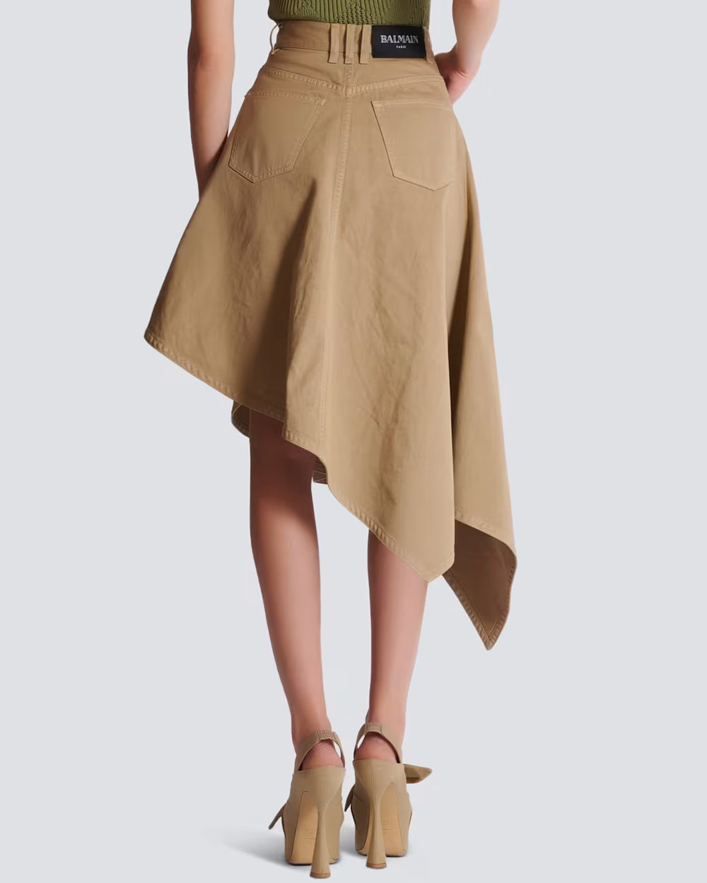 Beige Canvas Asymmetrical Midi Skirt