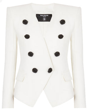 Blanc Crepe Collarless Double Breasted Jacket