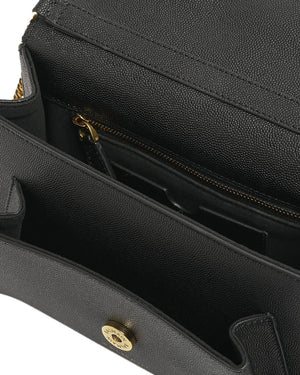 Emblemed Flap Shoulder Bag in Grained Leather