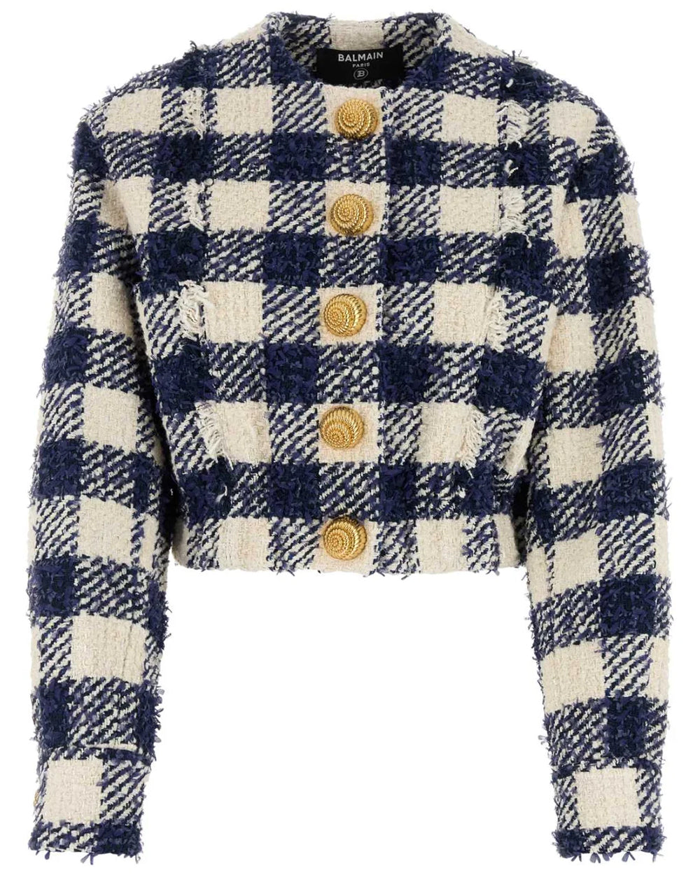 Marine and Blanc Plaid Tweed Crop Bomber Jacket