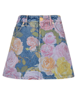 Pastel Rose Print Denim Mini Skirt