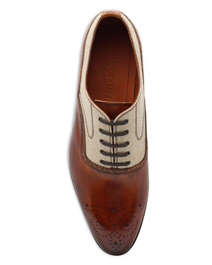 Leather and Raffia Perforated Laceup in Cognac