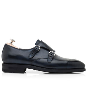 Perforated Leather Double Monkstrap in Blue Scuro
