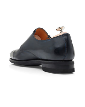 Perforated Leather Double Monkstrap in Blue Scuro