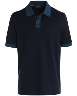 Navy and Petro Blue Knit Cotton Trimmed Short Sleeve Polo