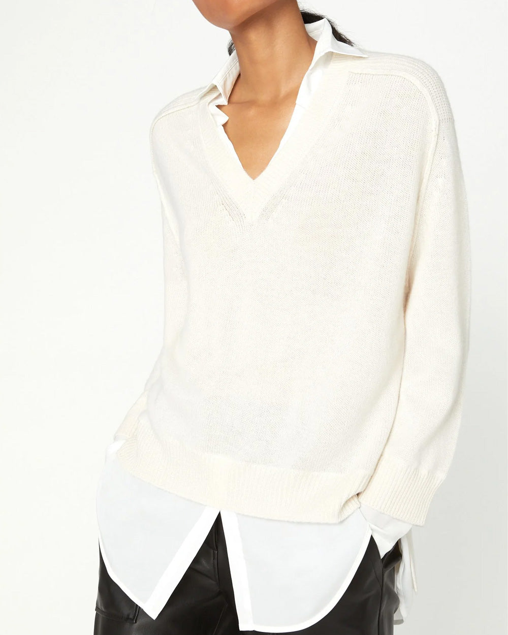 Almond and White V Neck Layered Pullover