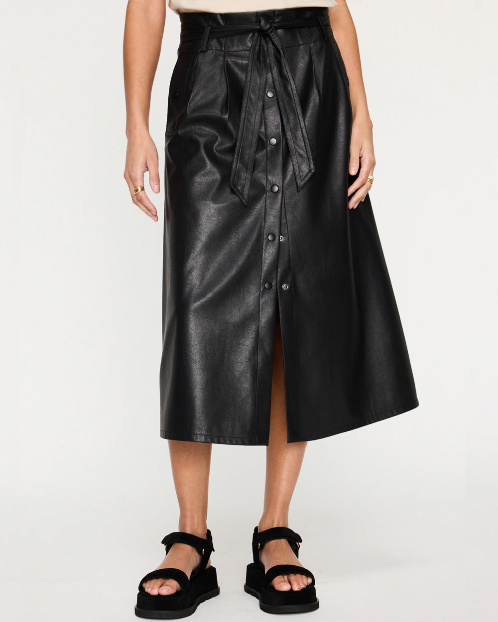 Black Vegan Leather Teagan Belted Skirt