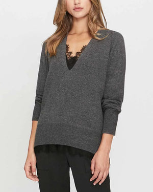 Charcoal Melange Lace Layered Vee Pullover