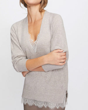 Light Chai Melange Lace Layered Vee Pullover