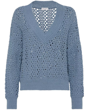Arctic Blue Open Knit V Neck Pullover