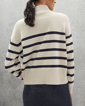 Beige Stripe Cashmere Mock Neck Knit Sweater