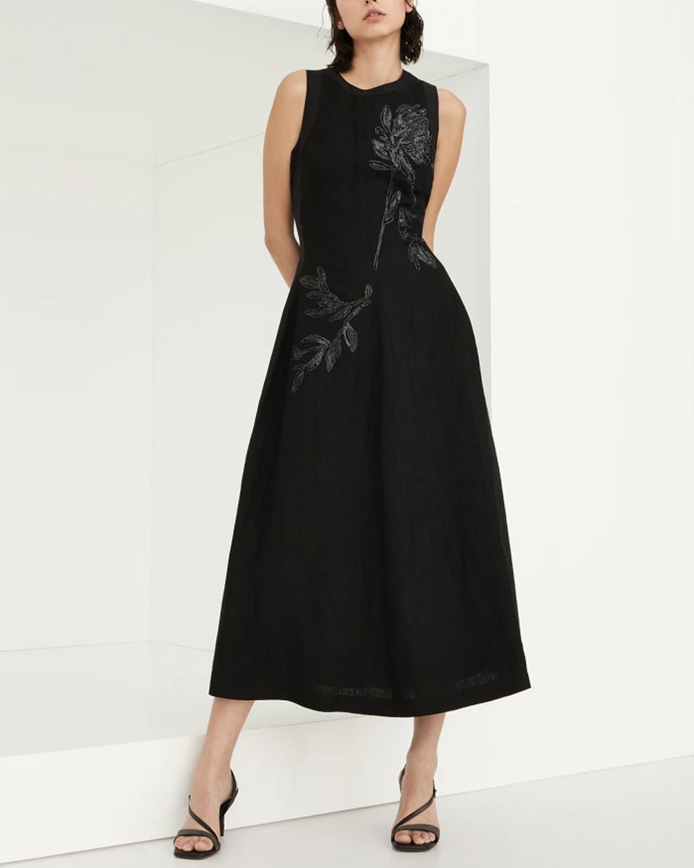 Black Crinkle Magnolia Embellished Midi Dress