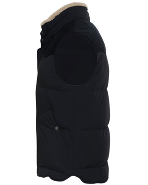 Black Weather Resistant Paneled Vest with Shearling Collar