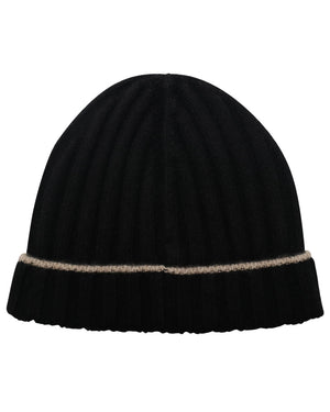 Black and Cream Wide Ribbed Cashmere Beanie