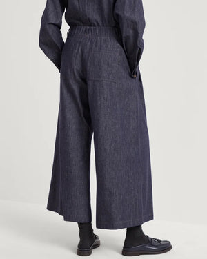 Blue Denim Elastic Waist Wide Leg Pant