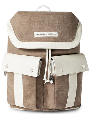Brown and Cream Canvas and Grained Calfskin Leisure Backpack