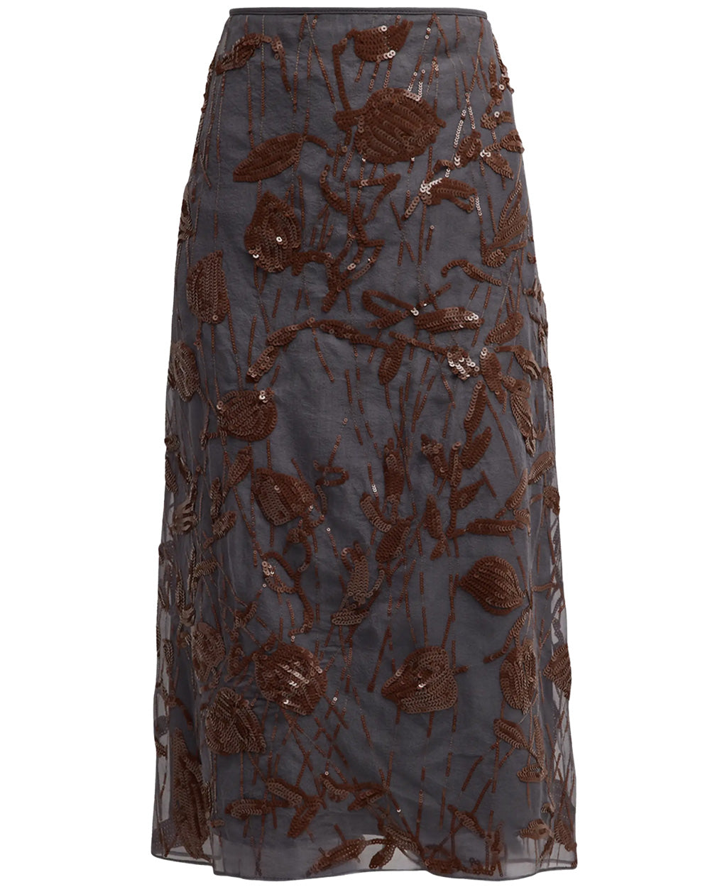 Charcoal Silk Floral Paillette Embellished Midi Skirt