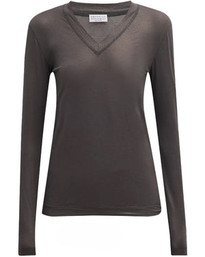 Chocolate Sparkling Jersey Fluid V Neck Shirt